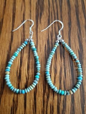 Earrings Turquoise Micro Saucer Beaded Hoops Sterling Silver Handmade